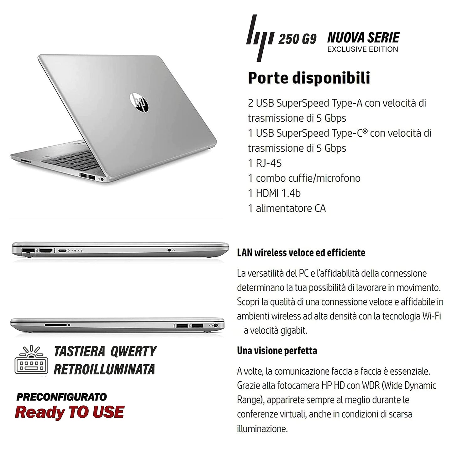 HP 250 G9 Computer portatile 39,6 cm (15.6") 1366 x 768 Pixel Intel N4500 8 GB DDR4-SDRAM 256 GB SSD Wi-Fi Windows 11 Pro