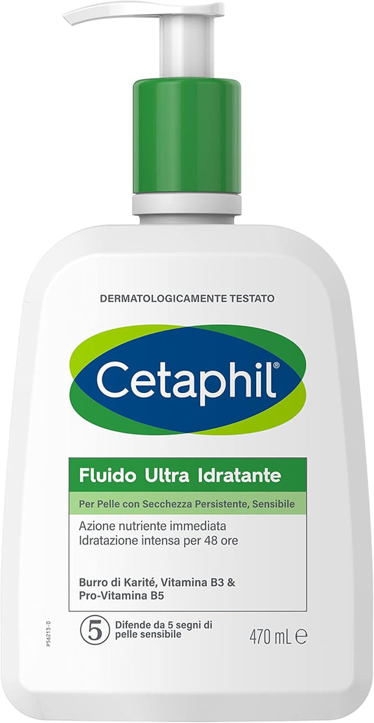 Cetaphil Fluido Ultra Idratante, Crema Viso e Corpo, per Pelle con Secchezza Persistente e Sensibile, Idrata Fino a 48 Ore, Senza Profumo, Formato 470 ml