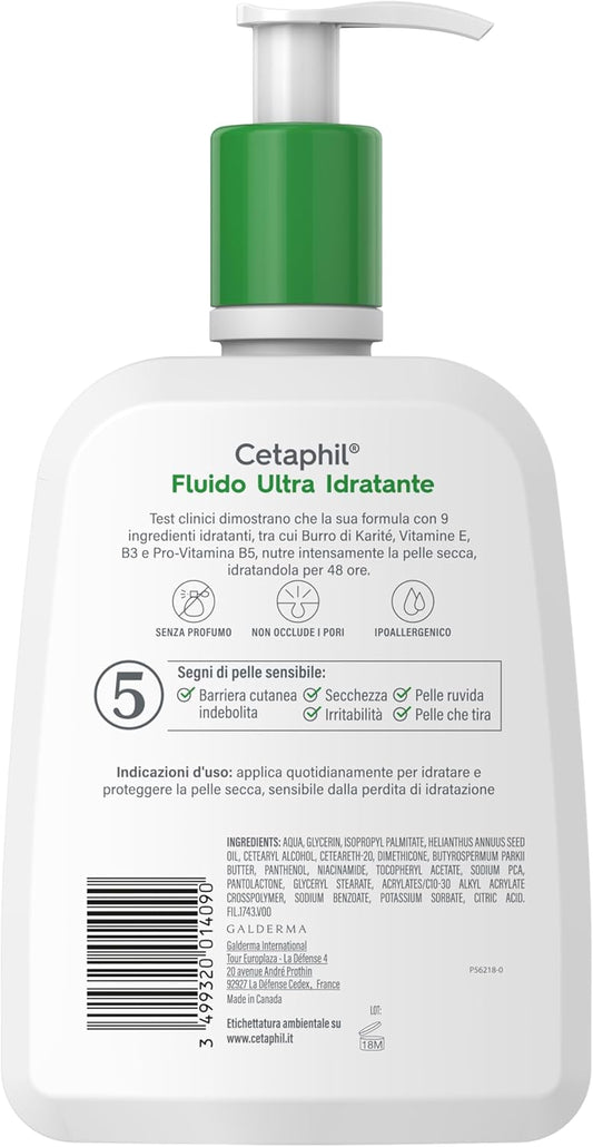 Cetaphil Fluido Ultra Idratante, Crema Viso e Corpo, per Pelle con Secchezza Persistente e Sensibile, Idrata Fino a 48 Ore, Senza Profumo, Formato 470 ml